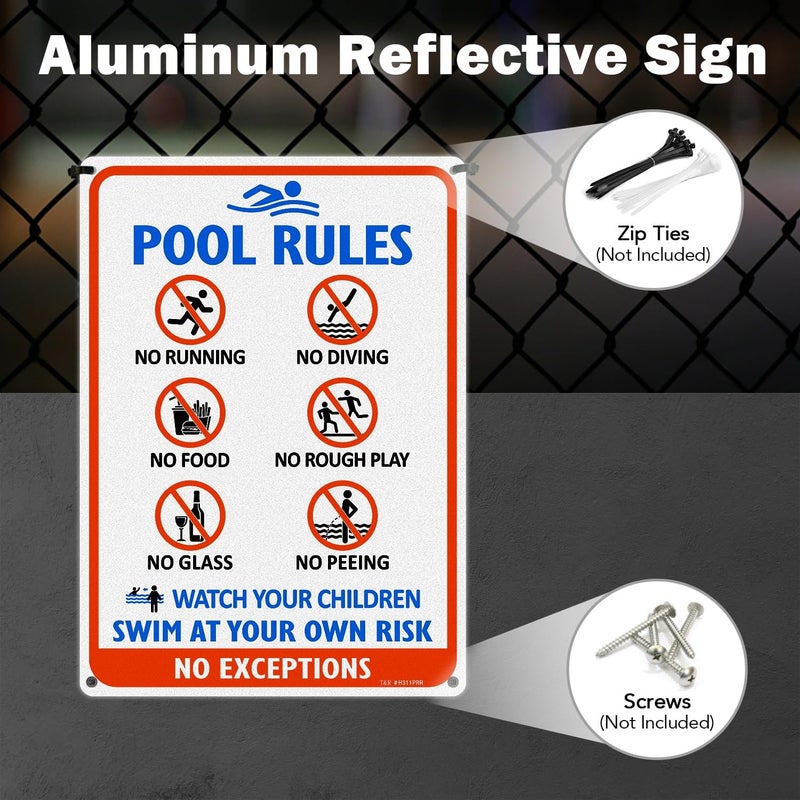 TR Pool Rules Sign with Symbols, No Diving, No Glass, No Food, No Peeing, Swim at Your Own Risk Sign - 2 Pack - 14"x10" .040 Rust Free Heavy Aluminum, Reflective, Waterproof and Fade Resistant, 4 pre-drilled holes, Easy to Mount - Image 5